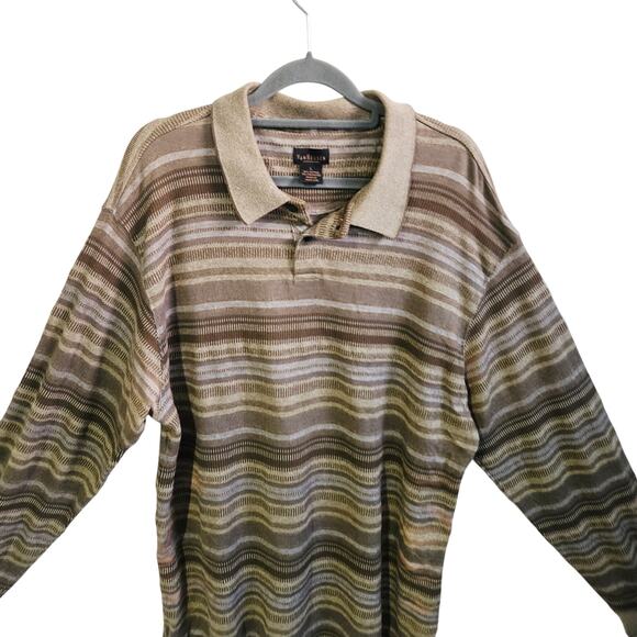 Van Heusen Men's L Collared Pullover Sweater Brown Tan Multi Stripe Grandpacore - Picture 2 of 6